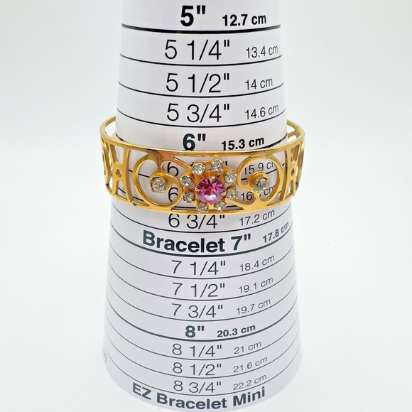 Vintage Rhinestone Cuff Bracelet Pink Clear Gold Tone 6.5" Adjustable - Picture 6 of 6
